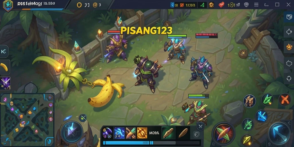 Tangkapan layar gameplay PISANG123 yang penuh aksi dalam pertandingan MOBA.